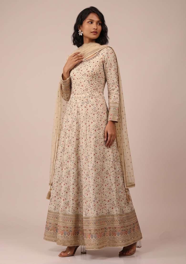 Cream Embroidery Georgette Kurta Set - Indya