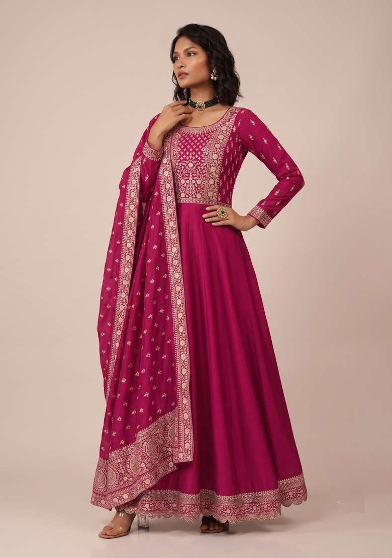 Pink Embroidery Silk Kurta Set - Indya
