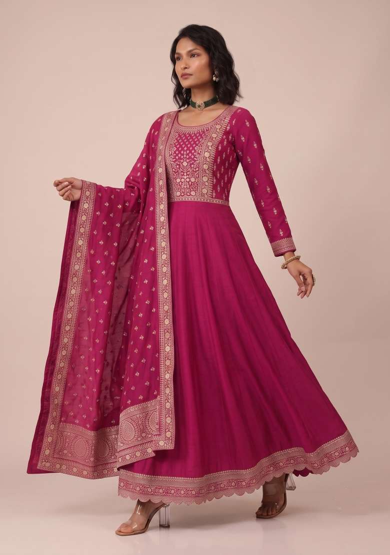 Pink Embroidery Silk Kurta Set - Indya
