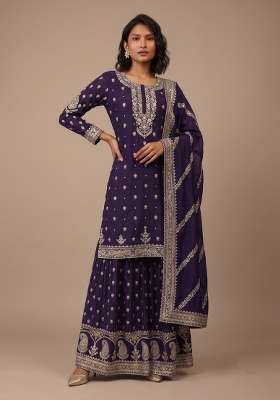 Purple Embroidery Silk Kurta Set