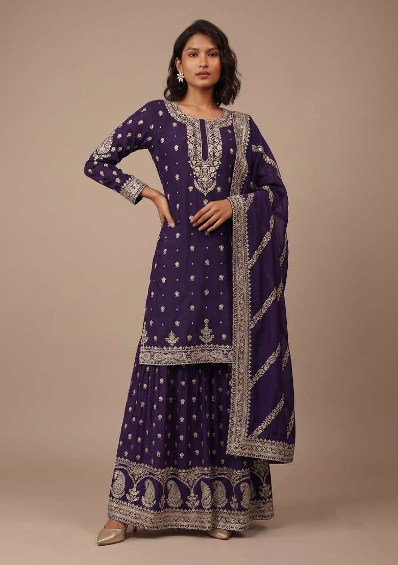 Purple Embroidery Silk Kurta Set - Indya