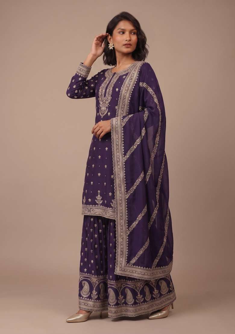 Purple Embroidery Silk Kurta Set - Indya