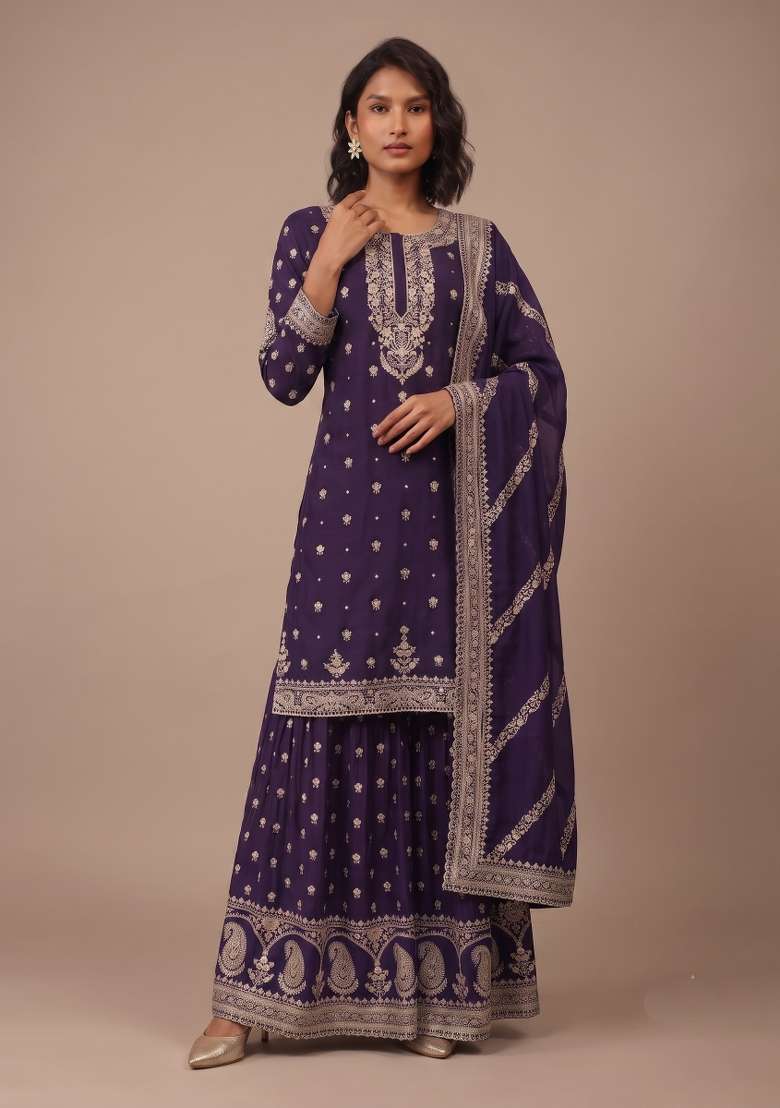 Purple Embroidery Silk Kurta Set - Indya
