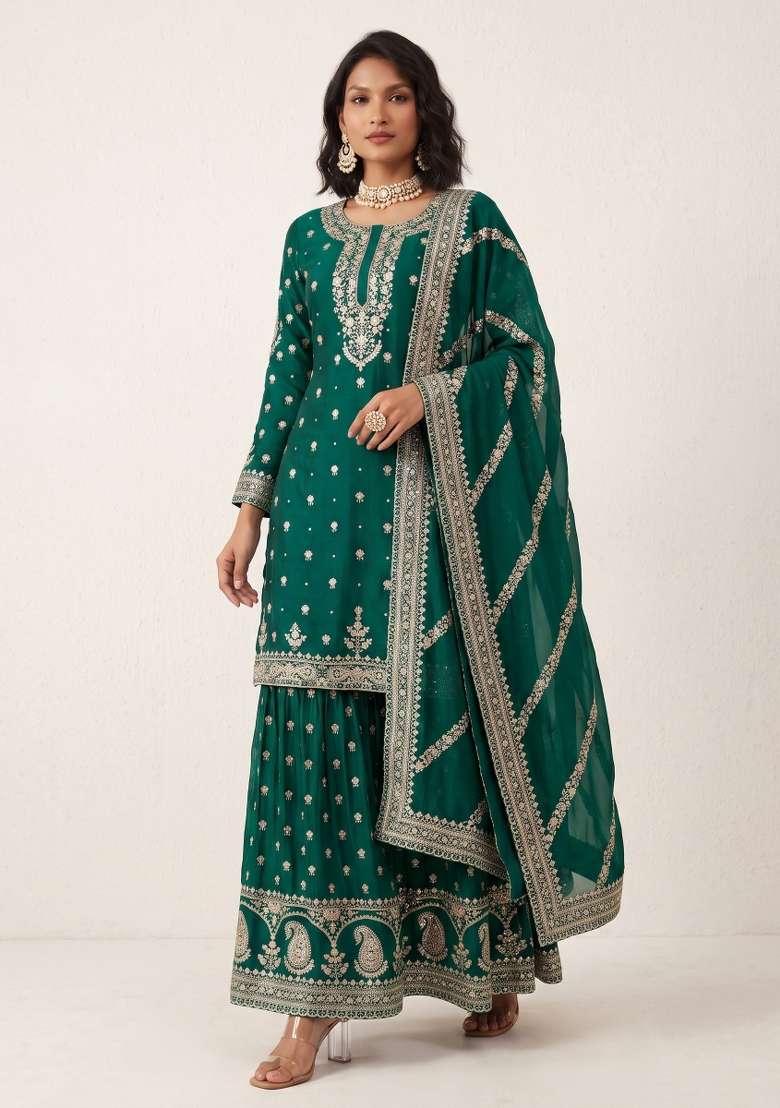 Teal Green Embroidery Silk Kurta Set - Indya