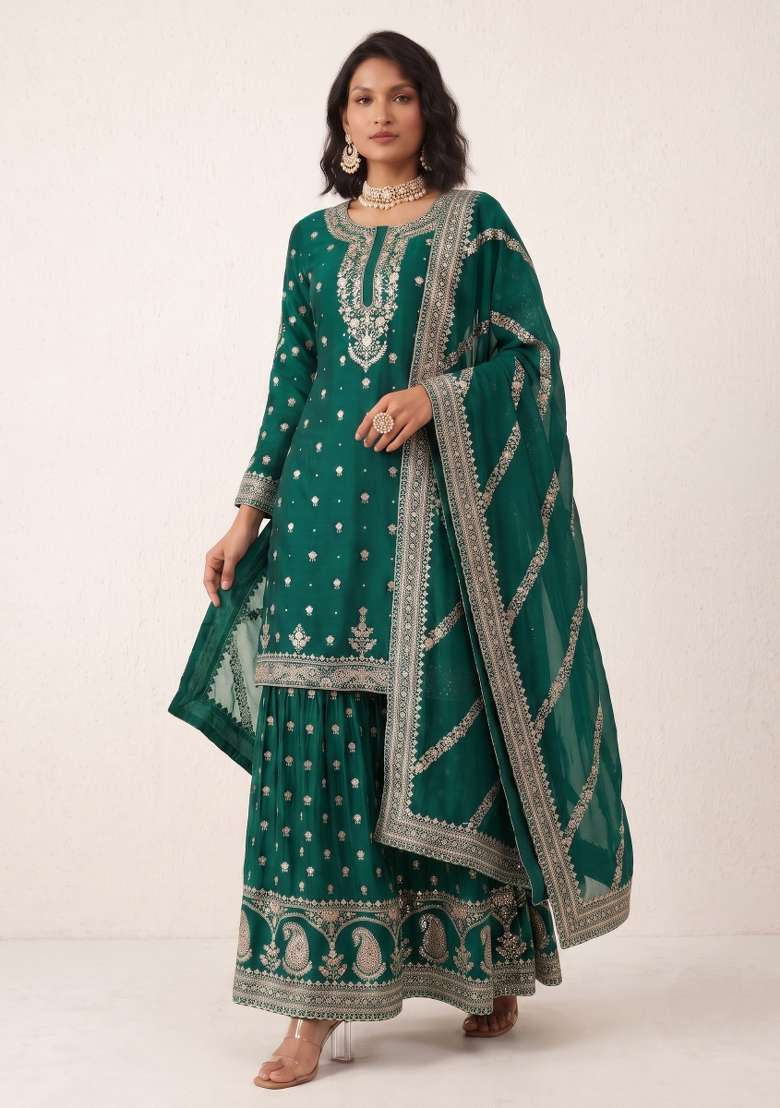 Teal Green Embroidery Silk Kurta Set - Indya