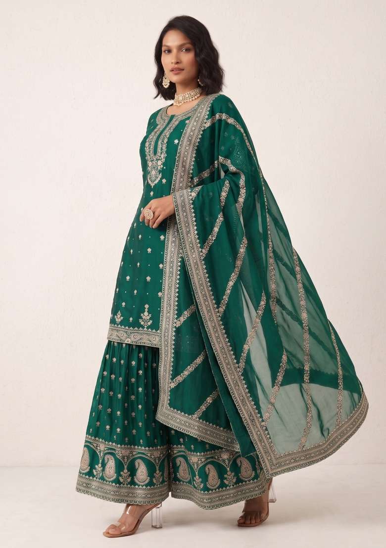 Teal Green Embroidery Silk Kurta Set - Indya
