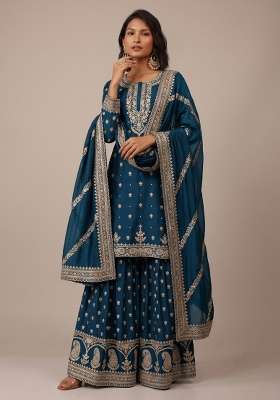Teal Blue Embroidery Silk Kurta Set