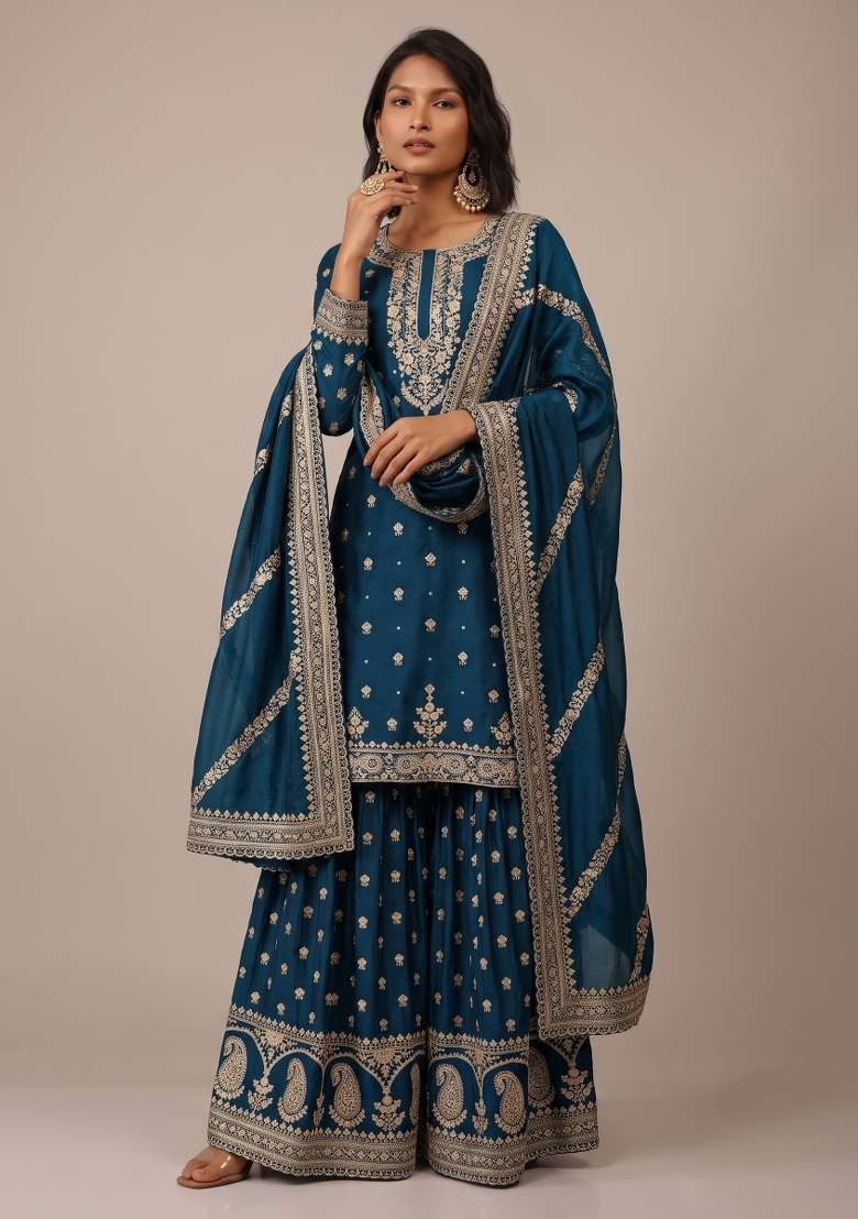 Teal Blue Embroidery Silk Kurta Set - Indya