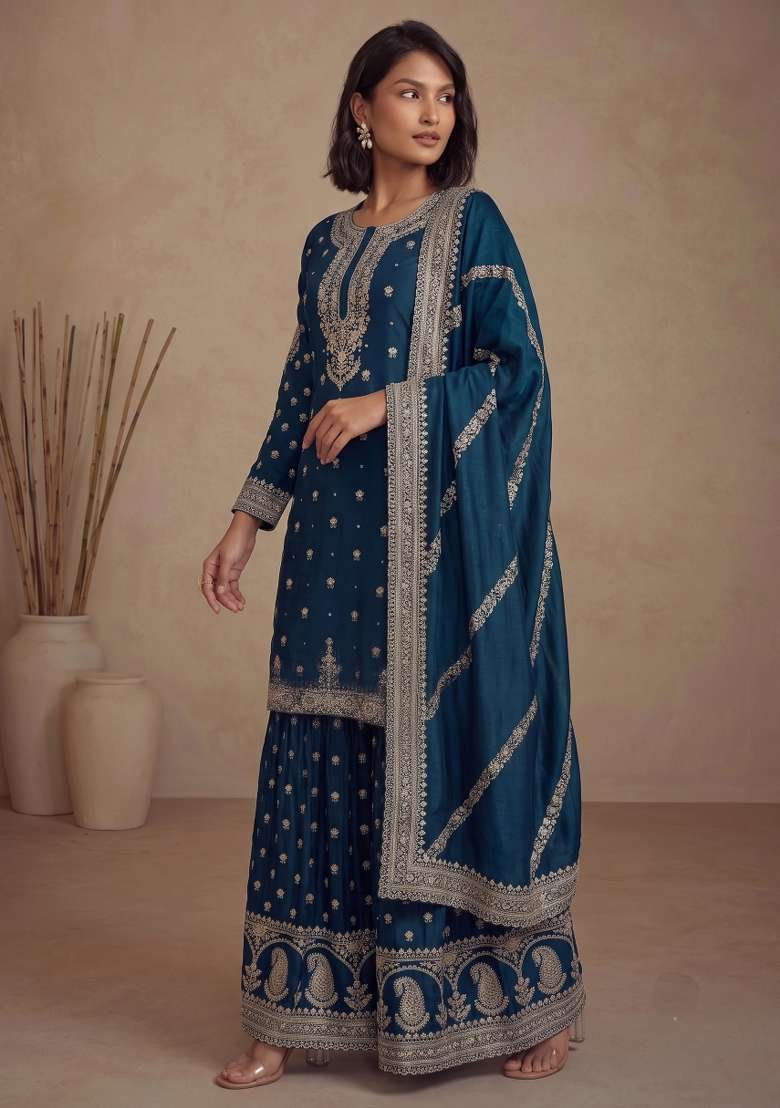 Teal Blue Embroidery Silk Kurta Set - Indya