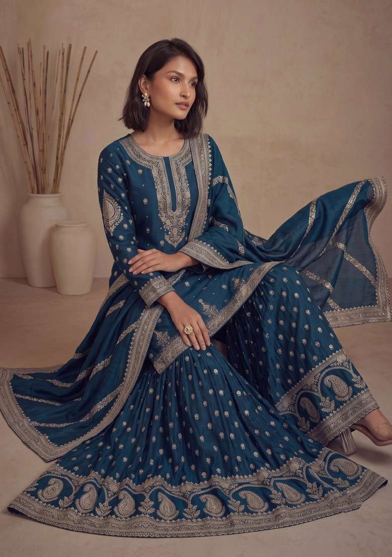 Teal Blue Embroidery Silk Kurta Set - Indya