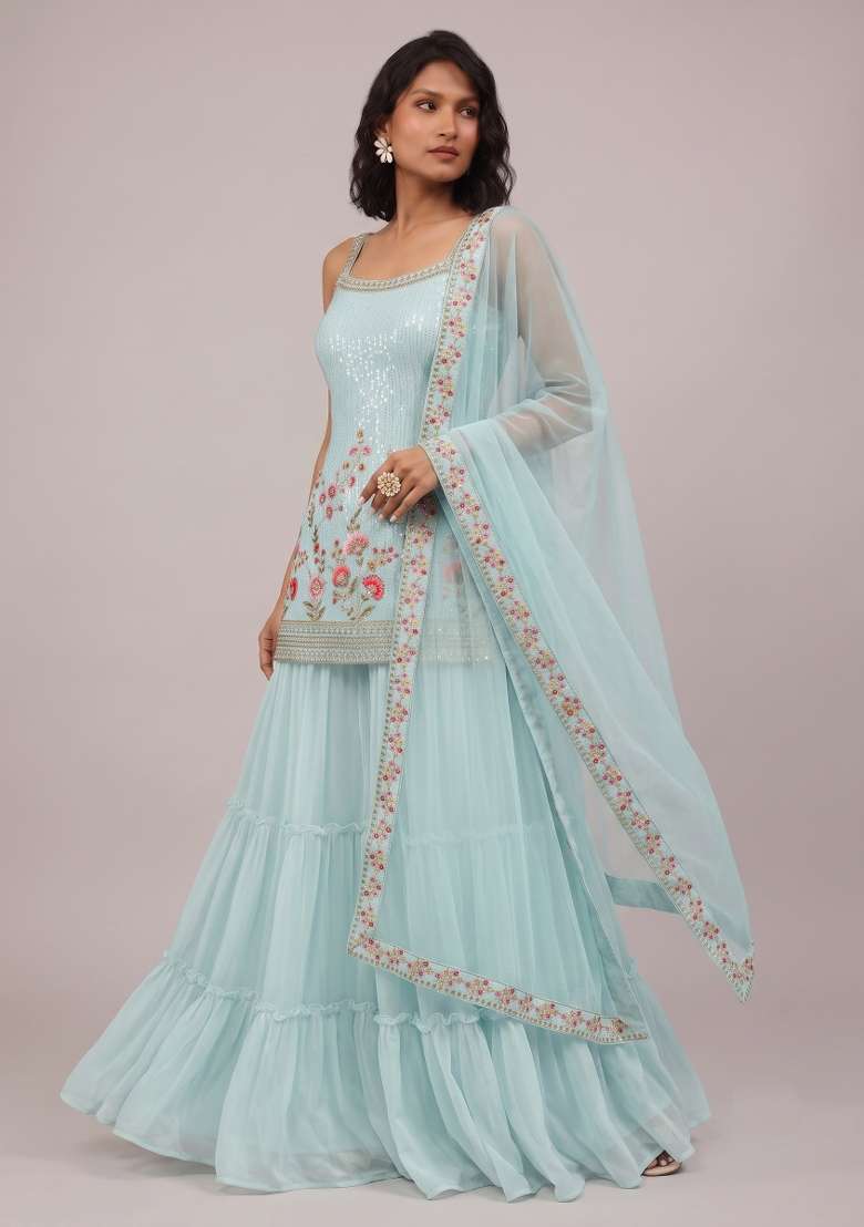 Sky Blue Embroidery Georgette Kurta Set - Indya