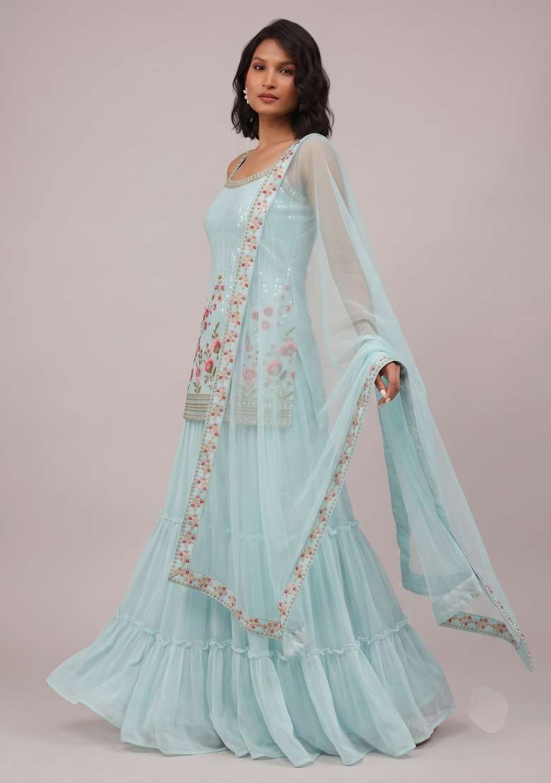 Sky Blue Embroidery Georgette Kurta Set - Indya