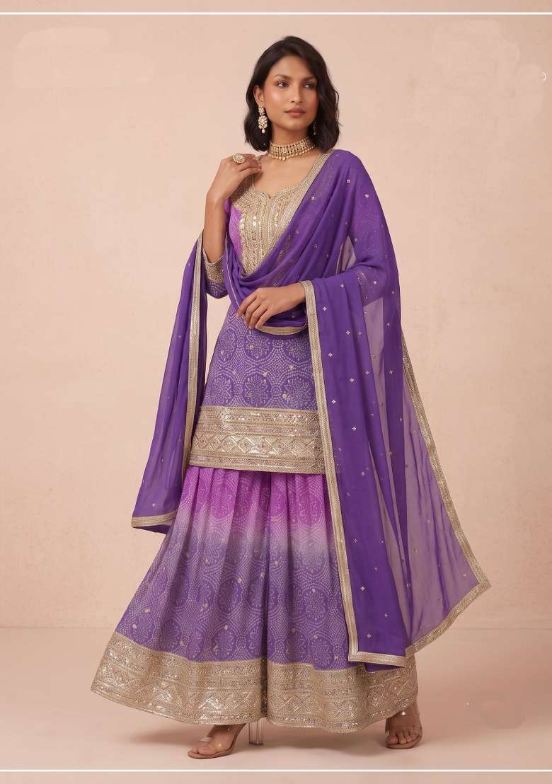 Purple Printed Chinon Kurta Set - Indya
