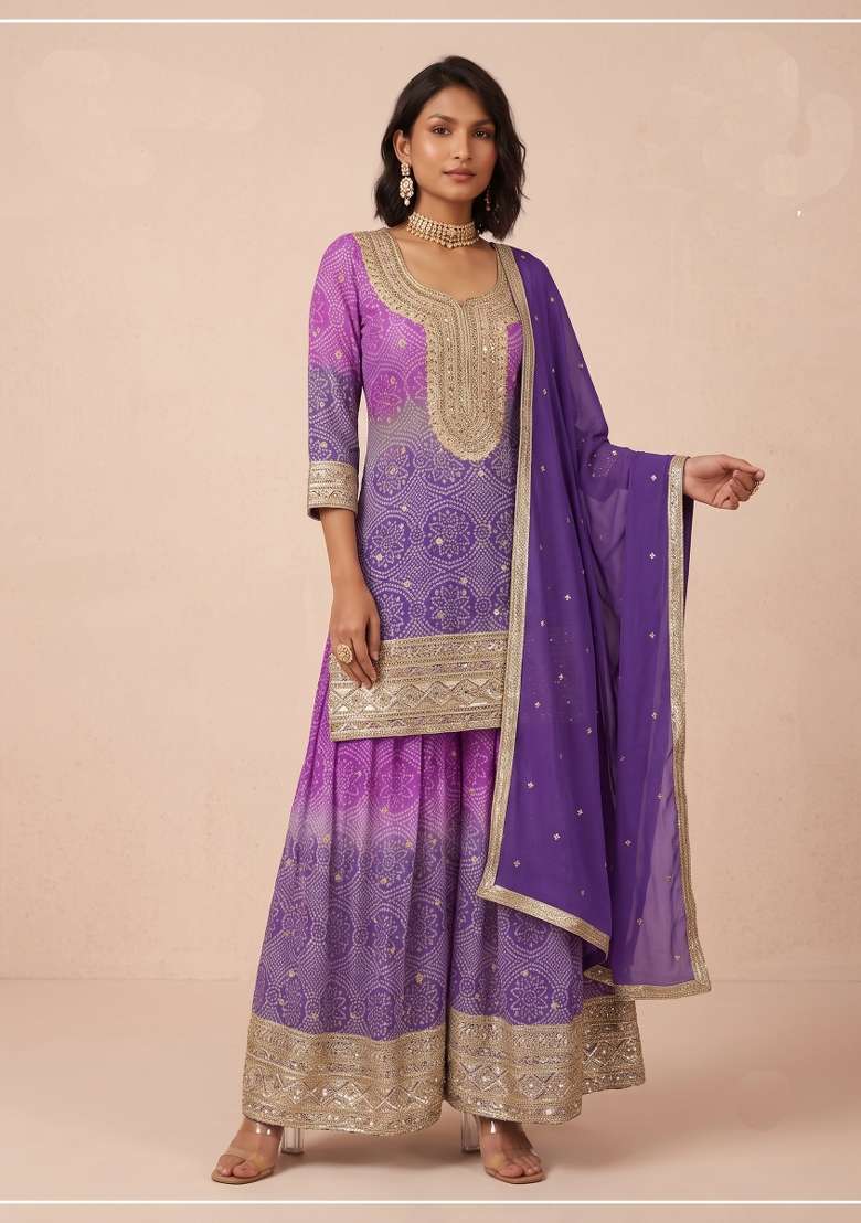 Purple Printed Chinon Kurta Set - Indya