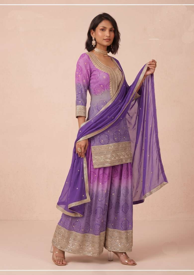 Purple Printed Chinon Kurta Set - Indya