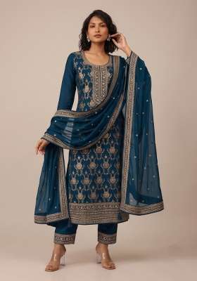 Teal Embroidery Jacquard Kurta Set