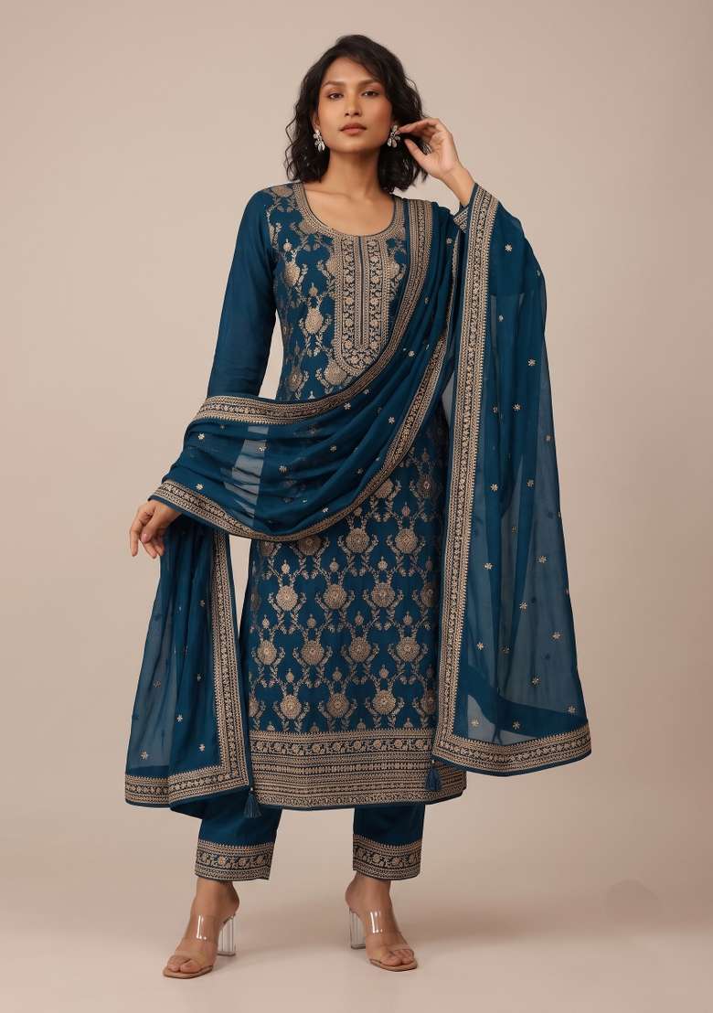 Teal Embroidery Jacquard Kurta Set - Indya