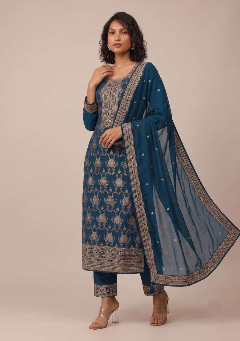 Teal Embroidery Jacquard Kurta Set - Indya