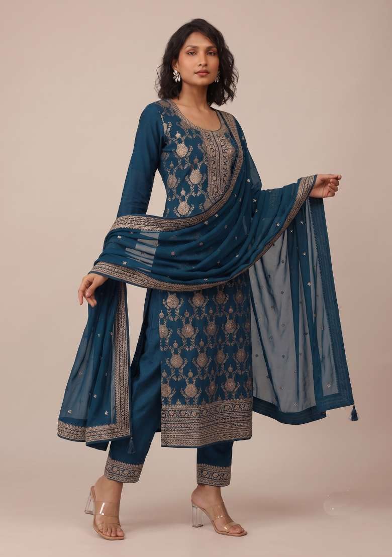 Teal Embroidery Jacquard Kurta Set - Indya
