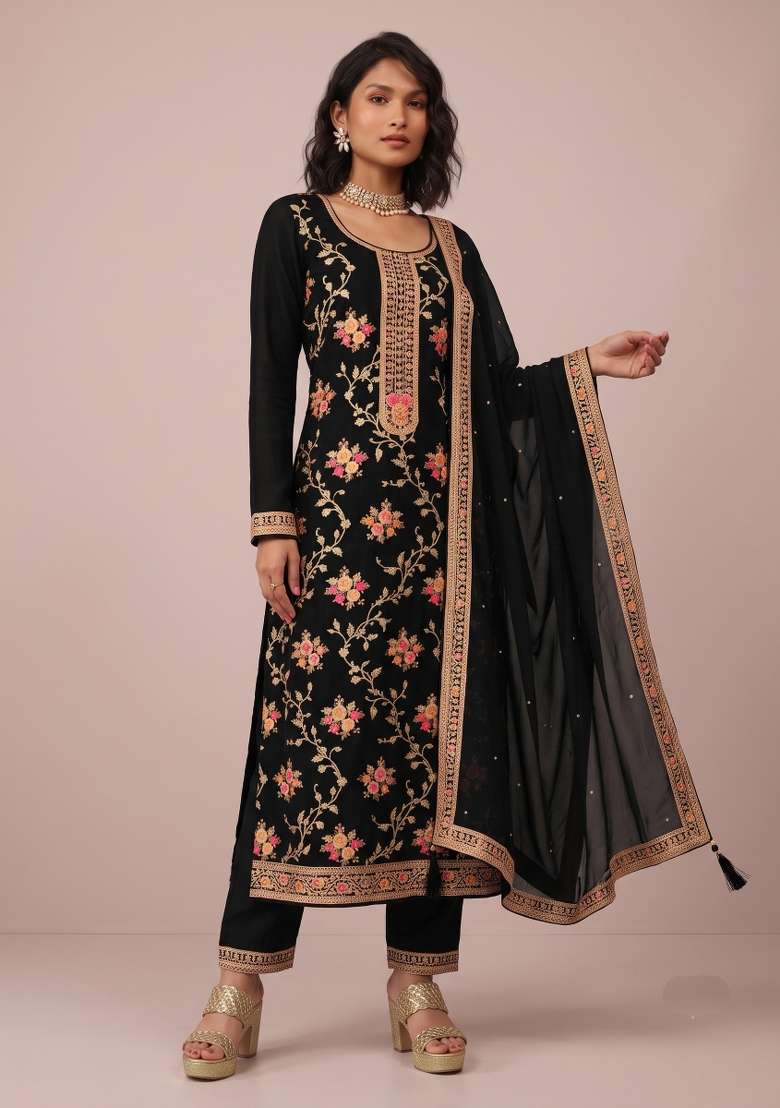 Black Embroidery Jacquard Kurta Set - Indya