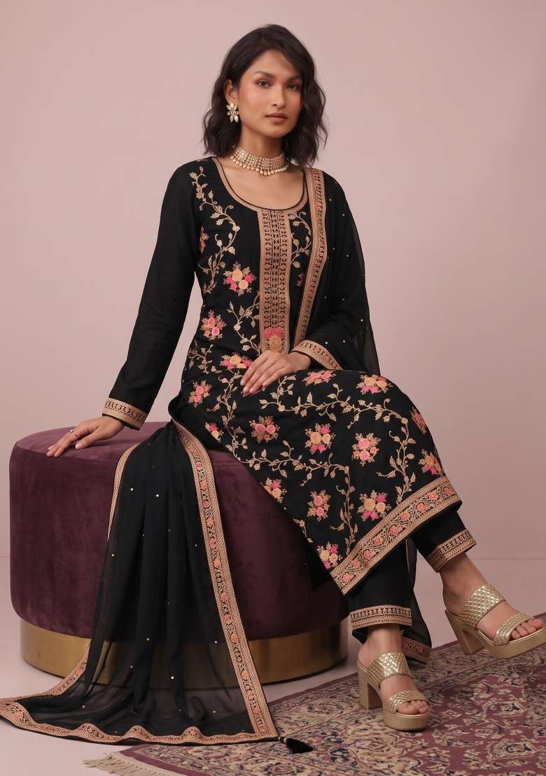 Black Embroidery Jacquard Kurta Set - Indya