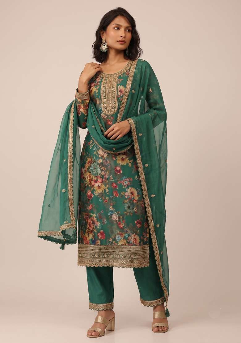 Green Embroidery Chinon Kurta Set - Indya