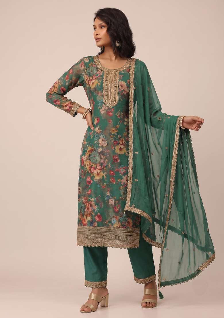 Green Embroidery Chinon Kurta Set - Indya