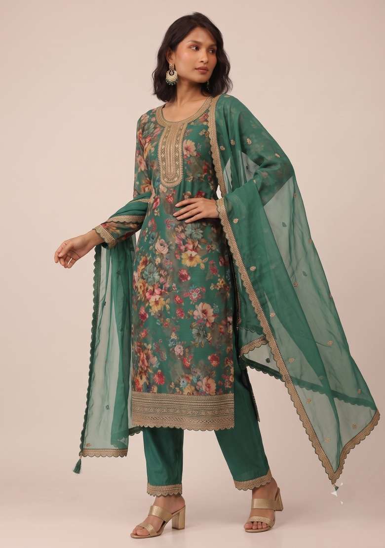 Green Embroidery Chinon Kurta Set - Indya