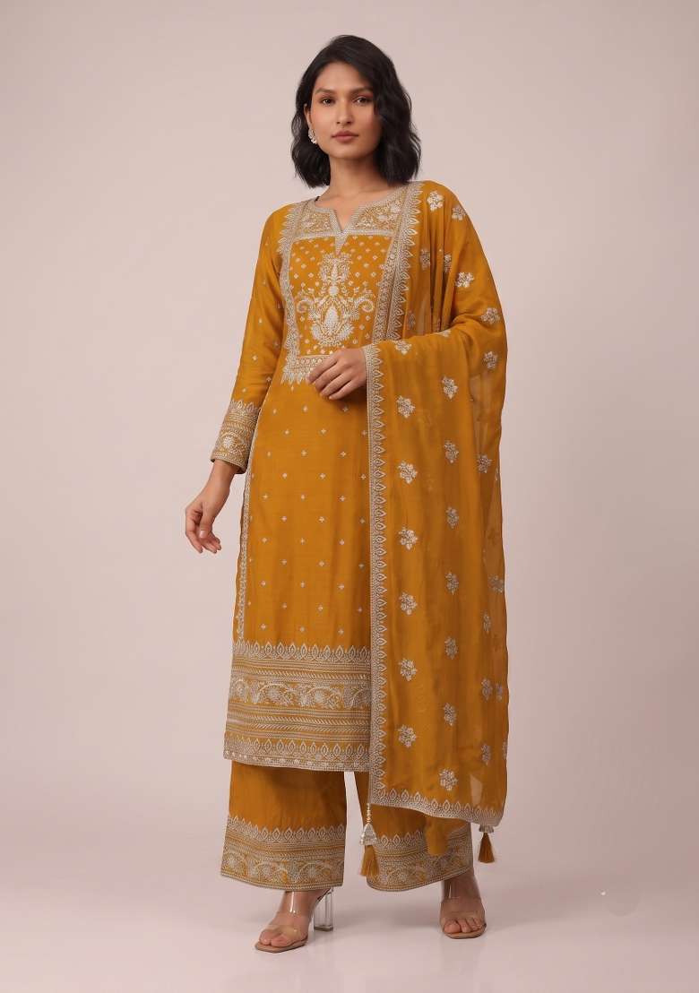 Mustard Embroidery Georgette Kurta Set - Indya
