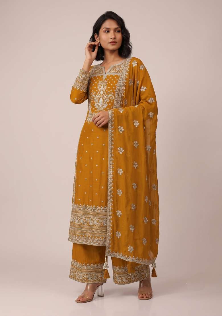 Mustard Embroidery Georgette Kurta Set - Indya
