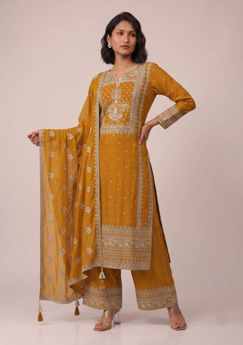 Mustard Embroidery Georgette Kurta Set - Indya