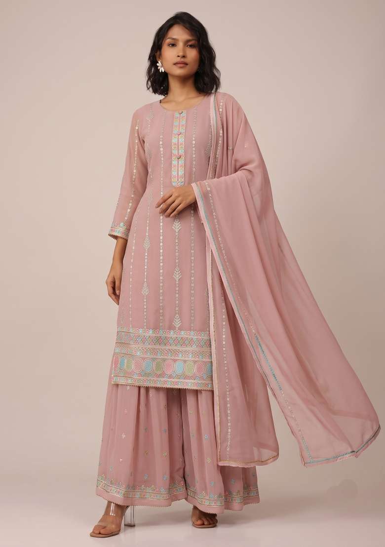Light Pink Embroidery Georgette Kurta Set - Indya