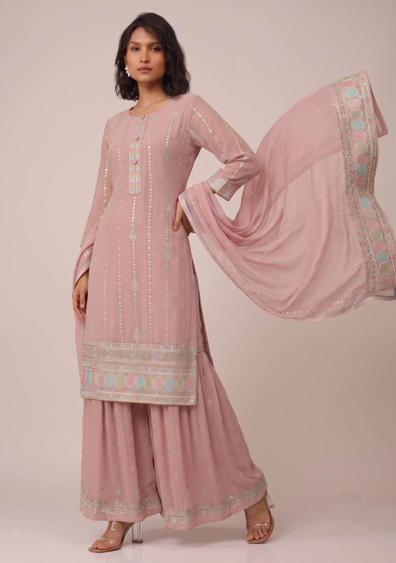 Light Pink Embroidery Georgette Kurta Set - Indya