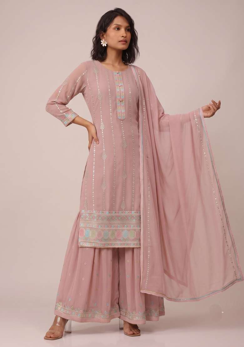 Light Pink Embroidery Georgette Kurta Set - Indya