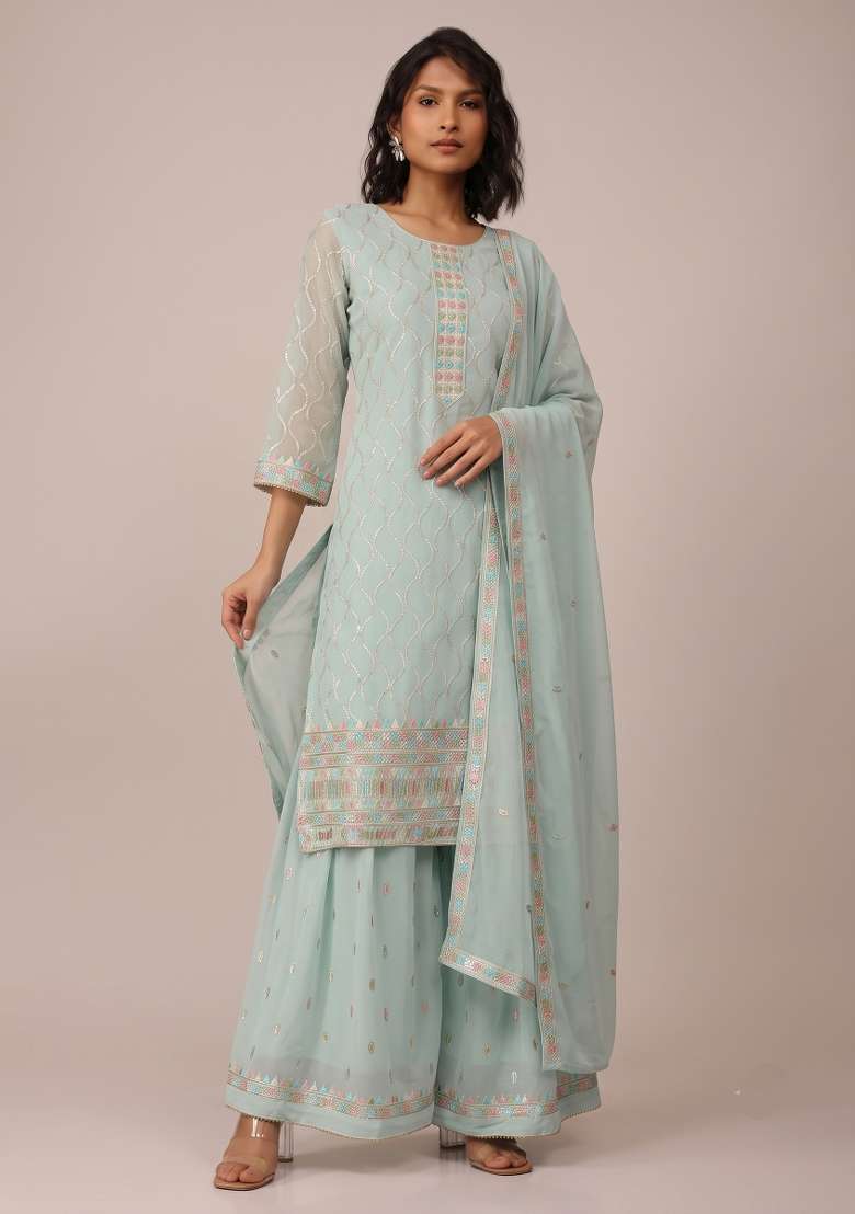 Sky Blue Embroidery Georgette Kurta Set - Indya