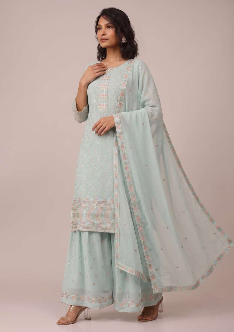 Sky Blue Embroidery Georgette Kurta Set - Indya