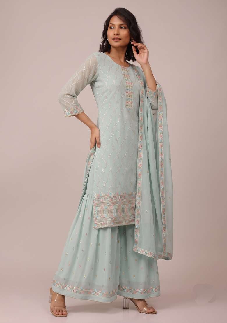 Sky Blue Embroidery Georgette Kurta Set - Indya