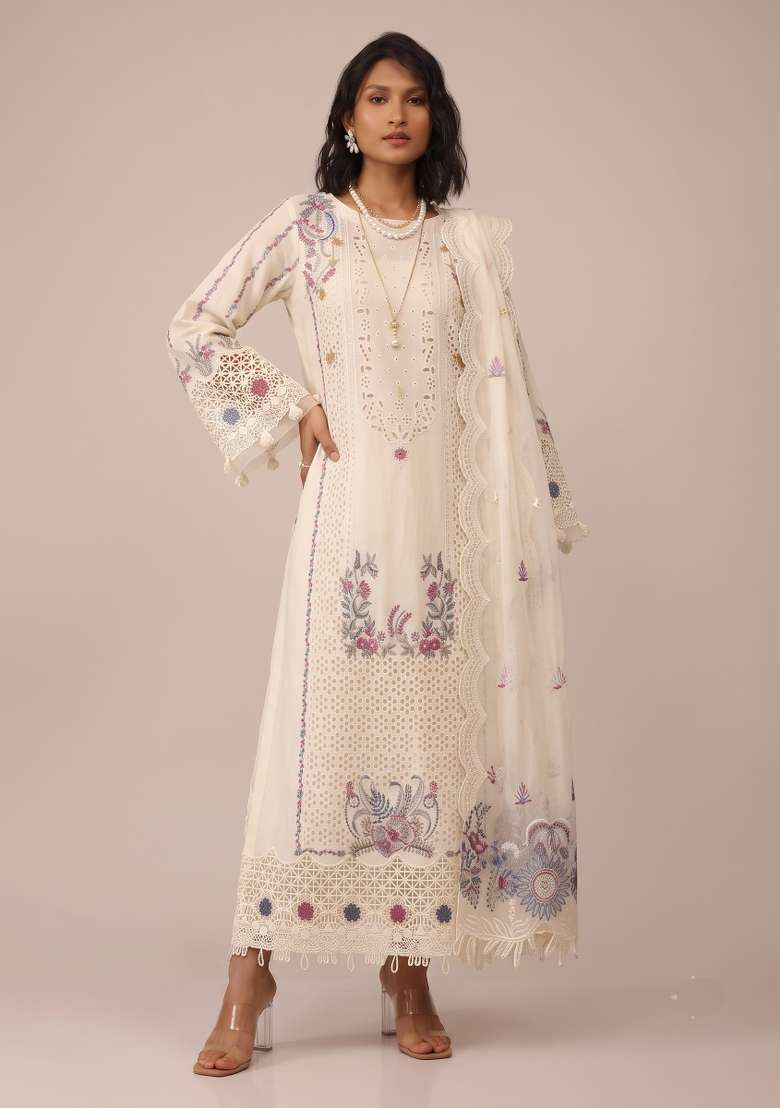 Off White Embroidery Cotton Kurta Set - Indya