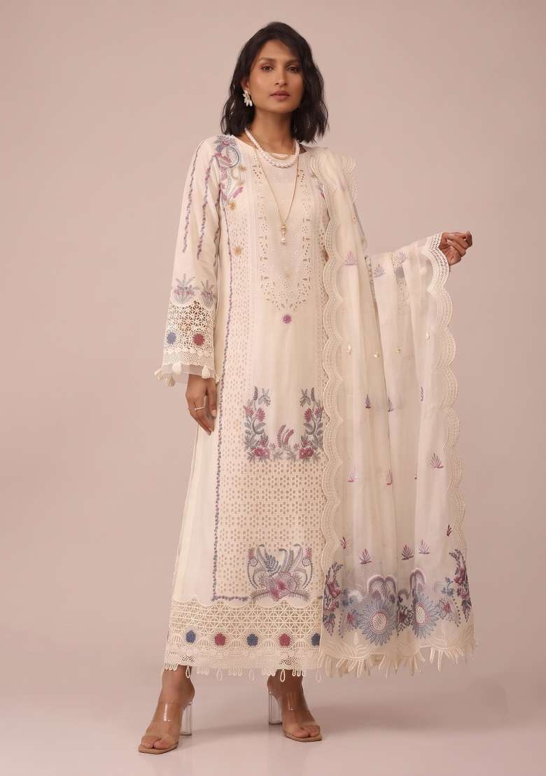 Off White Embroidery Cotton Kurta Set - Indya