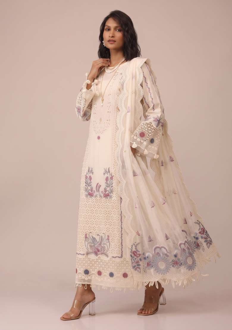 Off White Embroidery Cotton Kurta Set - Indya