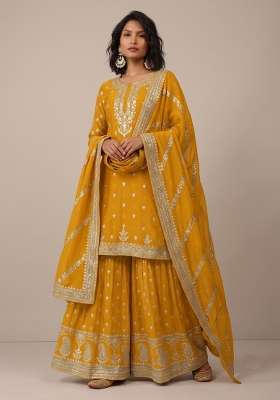 Yellow Embroidery Silk Kurta Set