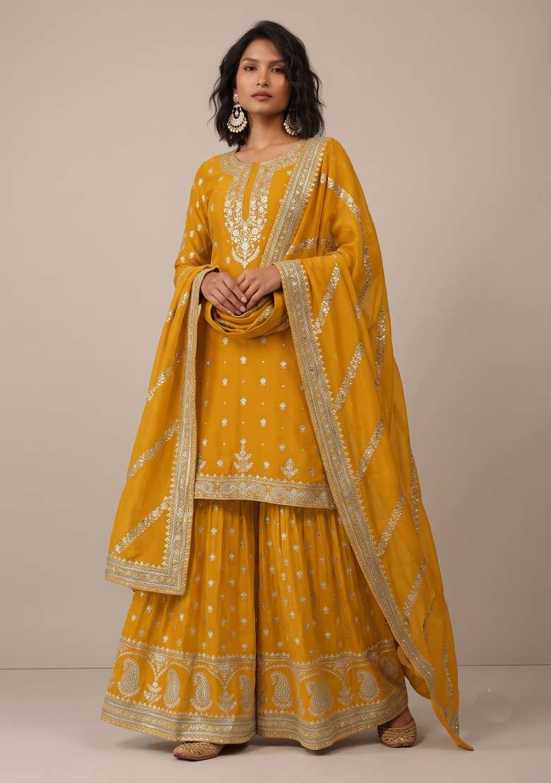 Yellow Embroidery Silk Kurta Set - Indya