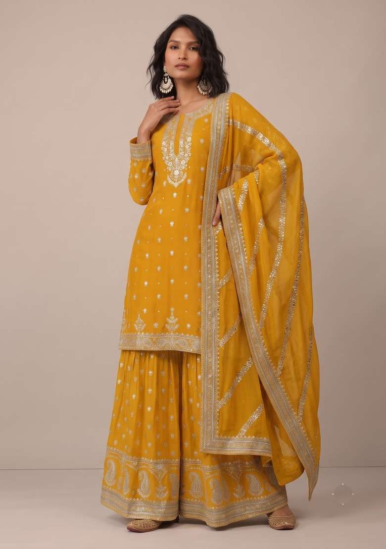 Yellow Embroidery Silk Kurta Set - Indya