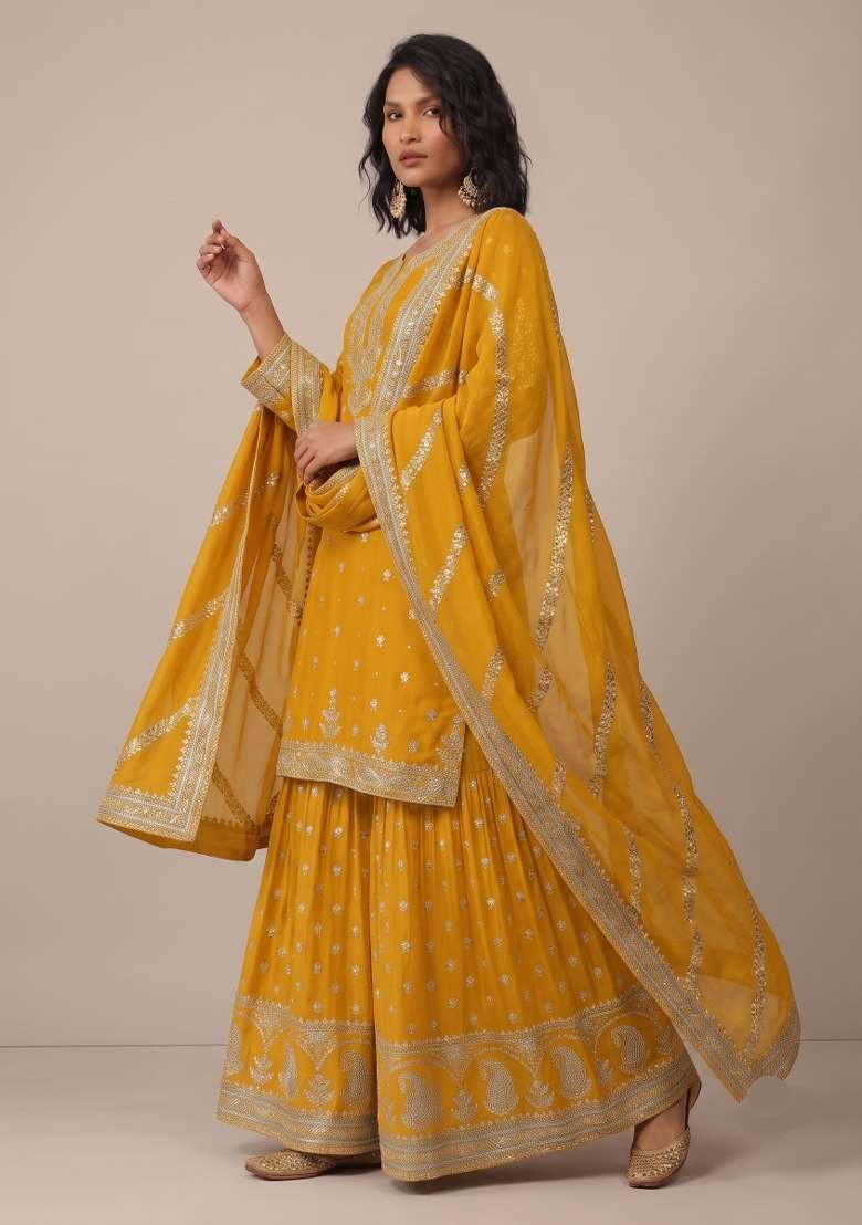 Yellow Embroidery Silk Kurta Set - Indya