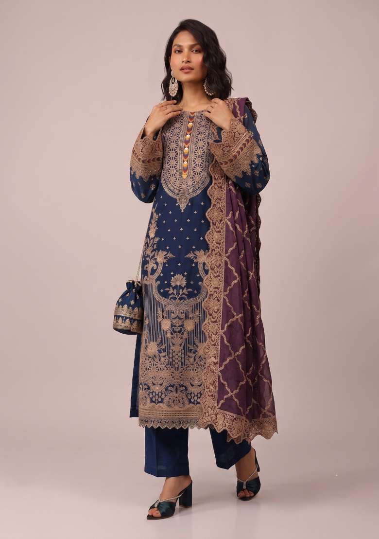 Navy Blue Embroidery Georgette Kurta Set - Indya