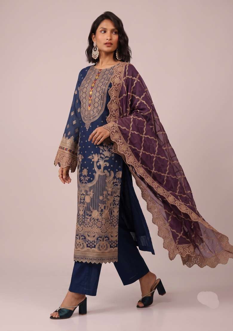 Navy Blue Embroidery Georgette Kurta Set - Indya