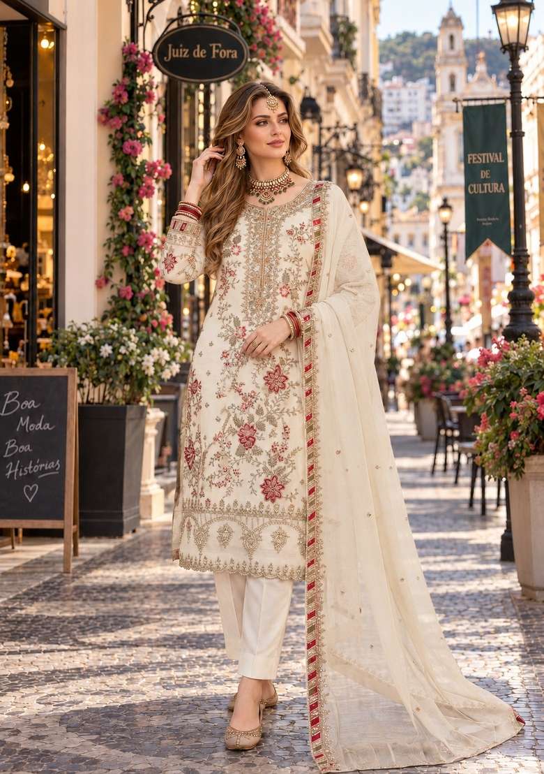 White Embroidery Chiffon Kurta Set - Indya