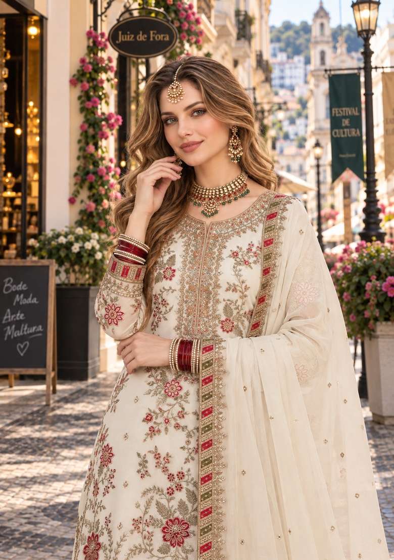 White Embroidery Chiffon Kurta Set - Indya