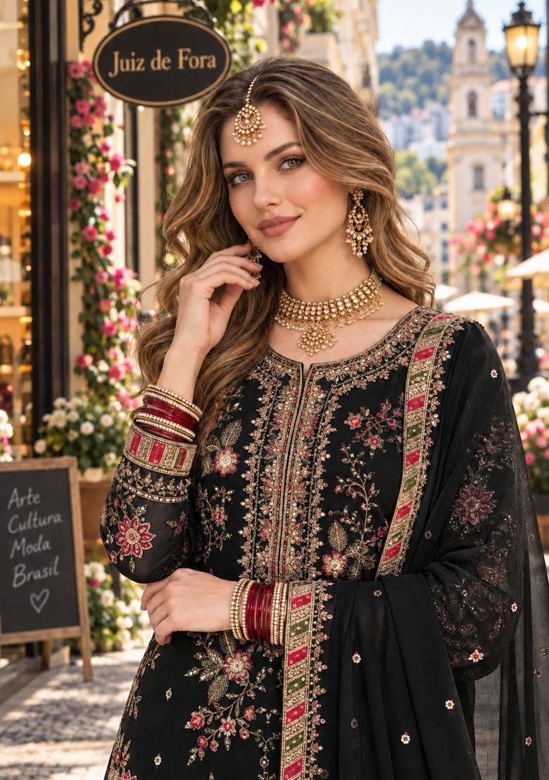 Black Embroidery Chiffon Kurta Set - Indya