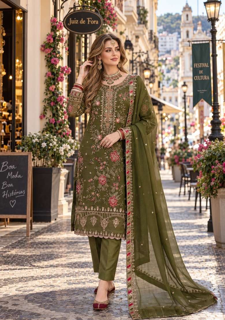 Mehendi Embroidery Chiffon Kurta Set - Indya